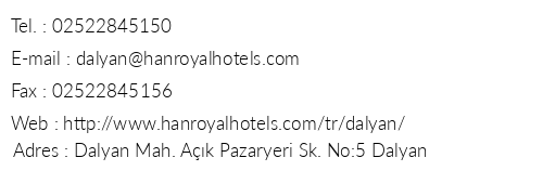 Dalyan Han Royal Hotels telefon numaralar, faks, e-mail, posta adresi ve iletiim bilgileri